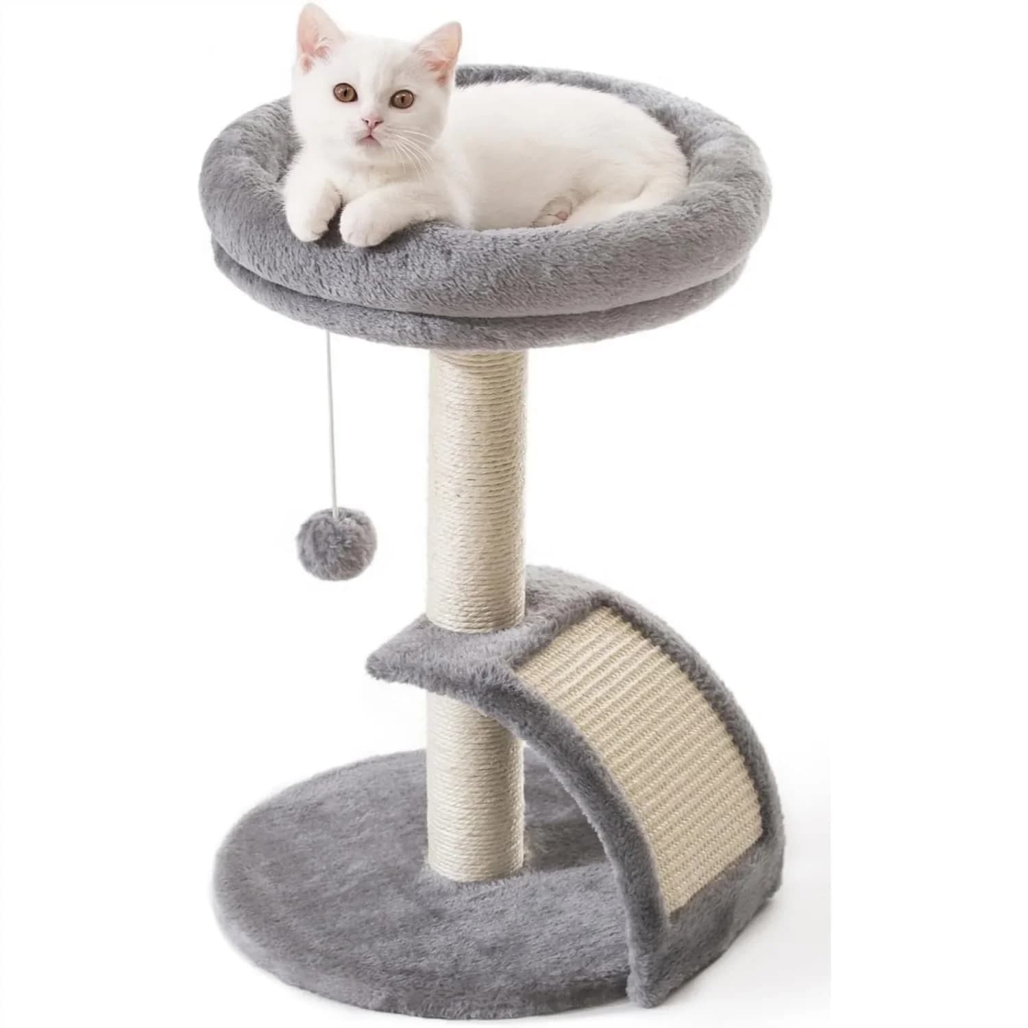 Torre Tiragraffi per Gatti Piccola con Tiragraffi in Sisal, Ampio Letto Sospeso e Palla Giocattolo per Gatti da Interno - Grigio Moderno
