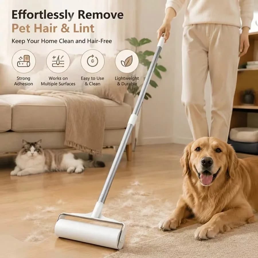 (5 Refills Sold Separately)Extendable Long Handle Lint Roller Cleaner With Wide Roller Refill Sheets, Adjustable Stainless Steel