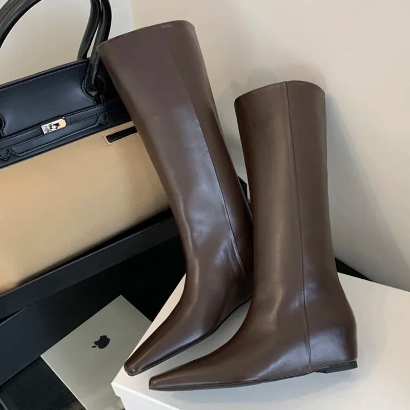 Eilyken Soft Leather Pointed Toe Women Knee High Boots Fashion Wedges Low Heels Ladies Shoes Long Booties Zapatos De Mujer