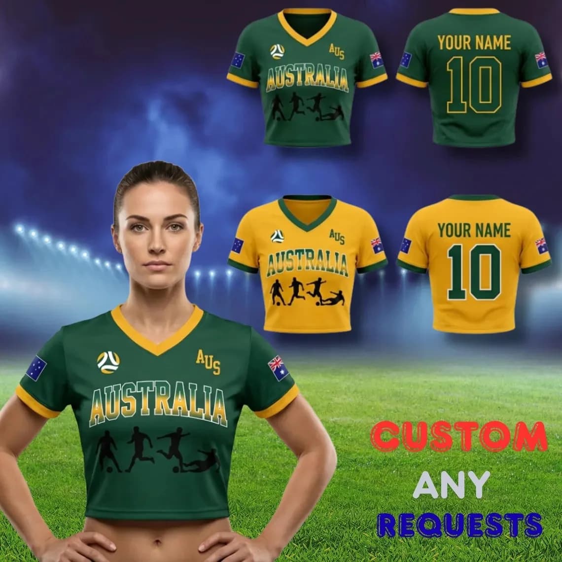 Australia Soccer Crop Top Jersey, All-Over Print Fan Apparel, Custom Name Number Football Fan Shirt, Women's Sports T-Shirts
