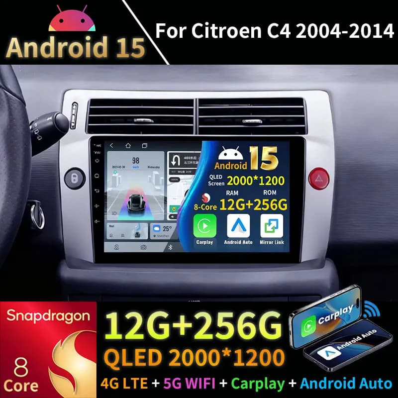 Android 15 Autoradio Per Citroen C4 C-Triomphe C-Quatre 2004 - 2014 Carplay Auto Lettore Multimediale Stereo NAVI DSP GPS Wireless