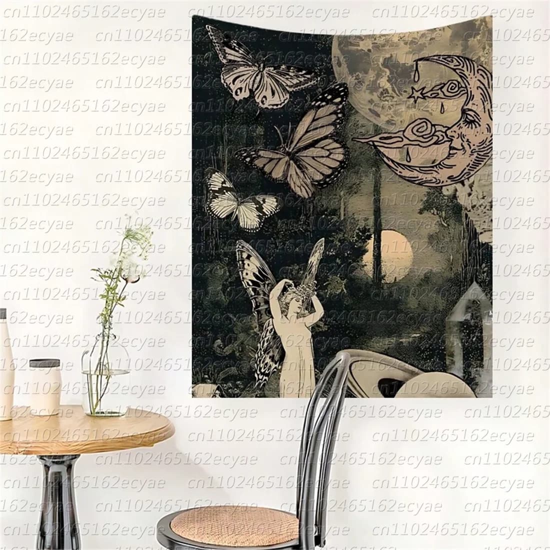 Gothic 1pcs Dark Holy Lady Butterfly and Moon Printed Polyester Tapestry for Daily Living Room Bedroom Wall Decor