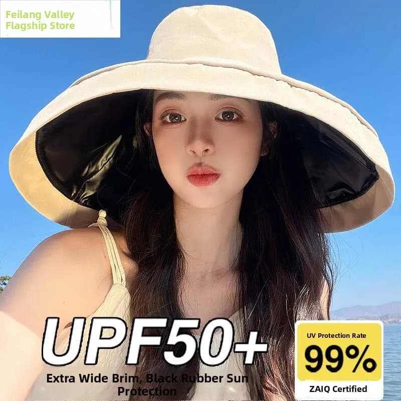 Cappello da Sole Estivo da Donna con Ampia Tesa Pieghevole, Nero, Protezione UV, per Pesca, Spiaggia, Sport all'Aperto, Nuoto