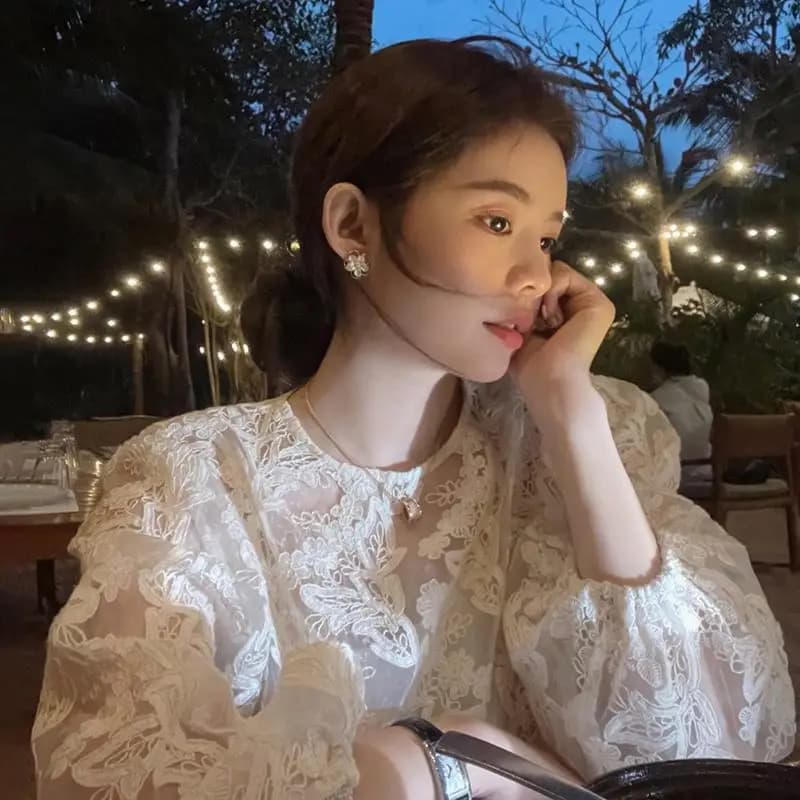 MEXZT Elegant Transparent White Shirts Embroidered Lace Fashion Women's Summer Office Ladies Long Sleeved Korean Design Top New