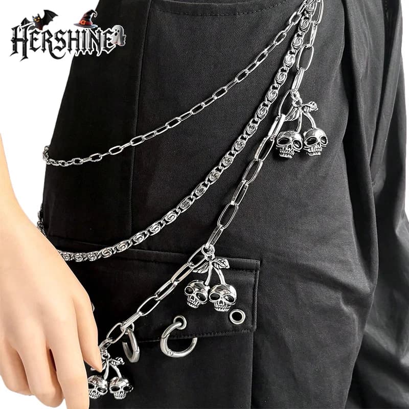 HERSHINE Catena per pantaloni in metallo con teschio di ciliegio argento moda donna, accessorio hip-hop gotico punk Harajuku rock Y2K, primavera, estate