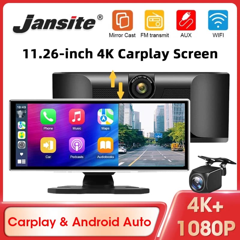 Jansite 11.26'' Dash Cam 4K Car DVR Wireless Carplay&Android Auto GPS Navigazione Registratore video Cruscotto Doppia lente Wifi FM AUX