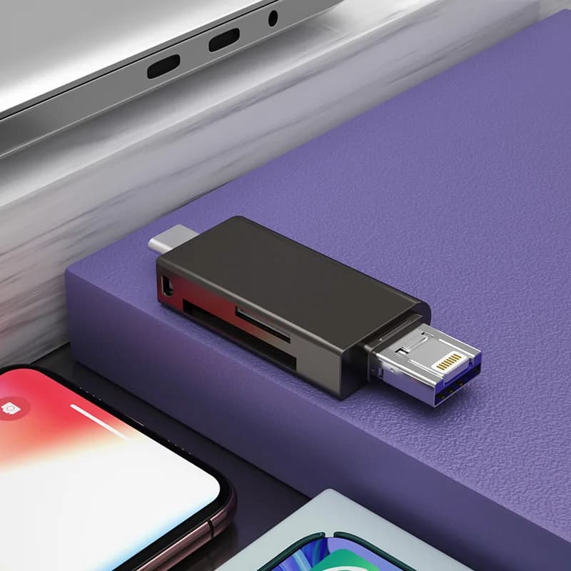Lettore di schede DM CR023 5 in 1 Lettore di schede Muldti SD/TF con USB Lightning e adattatore di interfaccia Micro USB Lettore di schede di memoria