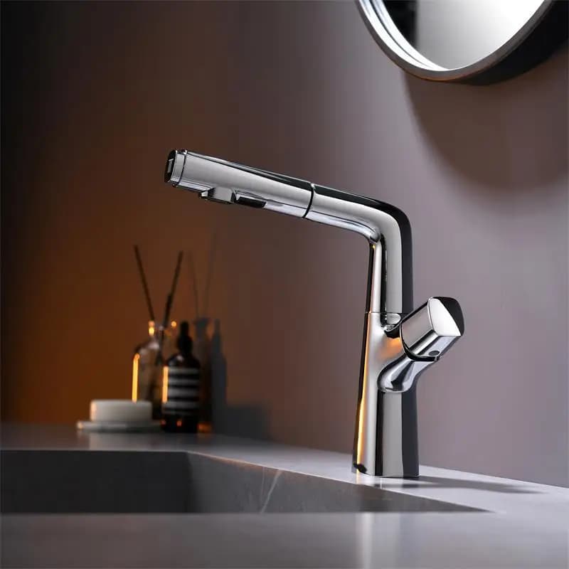 Rubinetto estraibile cromato con design girevole a 360 gradi e sollevabile, doppio spruzzo/stream, rubinetto per lavabo, ottone senza piombo, risparmio idrico