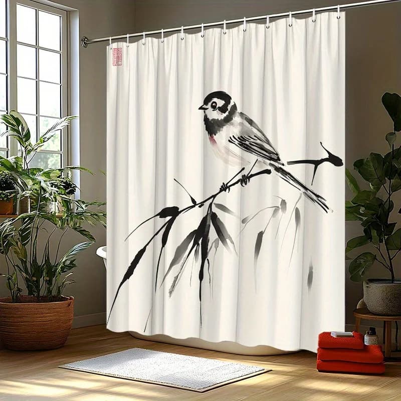 Tenda da doccia in poliestere | Design tradizionale di uccelli sull'acquerello cinese con inchiostro sul ramo | Minimalista in bianco e nero con accenti rossi