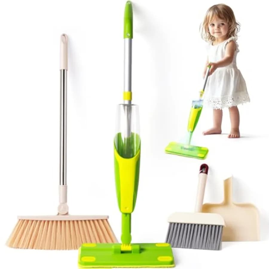 Set di Giocattoli per la Pulizia, Mini Mop Spray, Giocattoli Montessori, Strumenti per il Gioco di Ruolo di Pulizie per Bambini, con Mop Spray, Scopa e Paletta