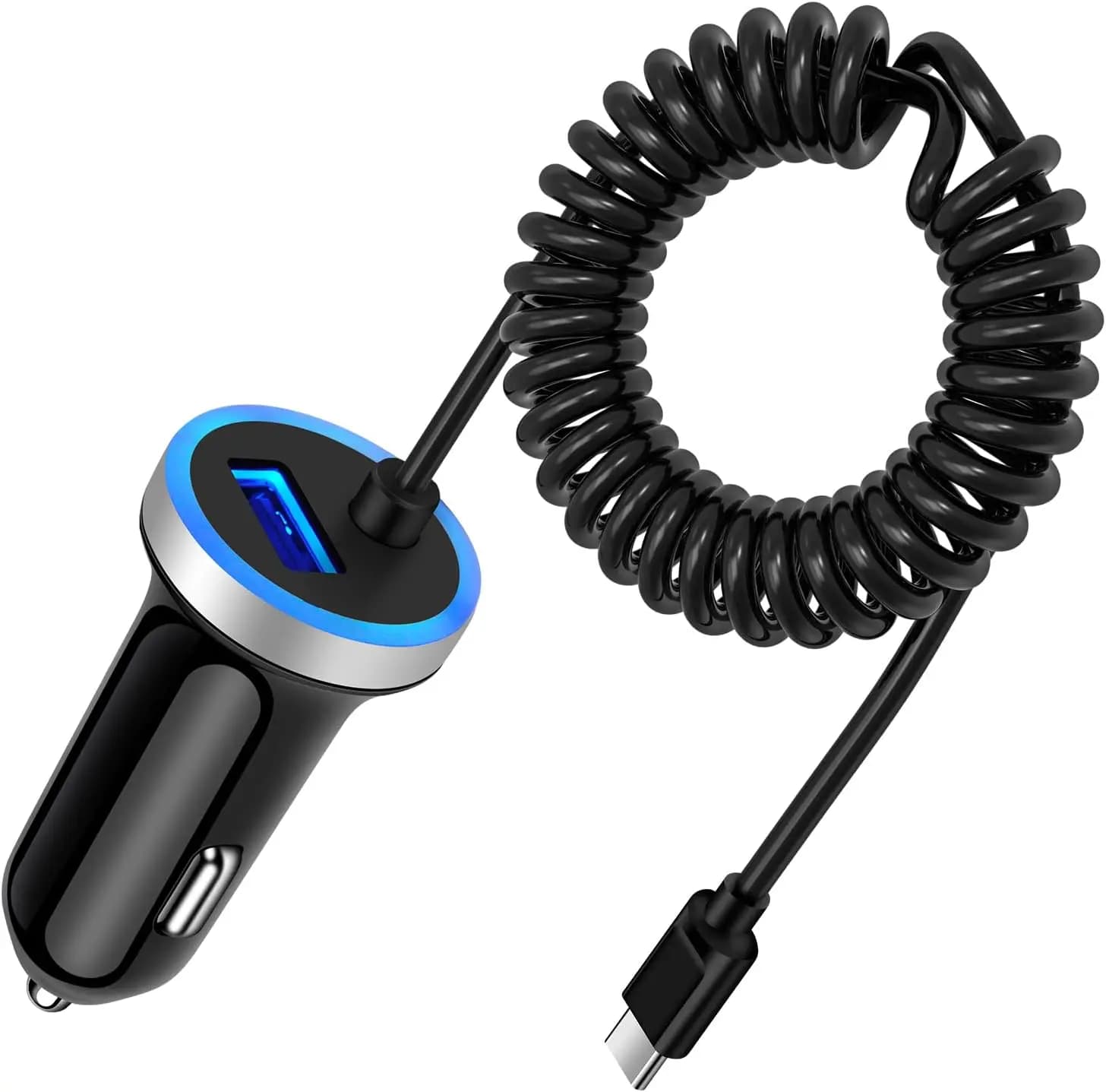 Caricabatterie USB C per Auto con Cavo a Spirale, Ricarica Rapida per 2 Dispositivi, Adattatore per Accendisigari per Samsung, Moto, LG, Google