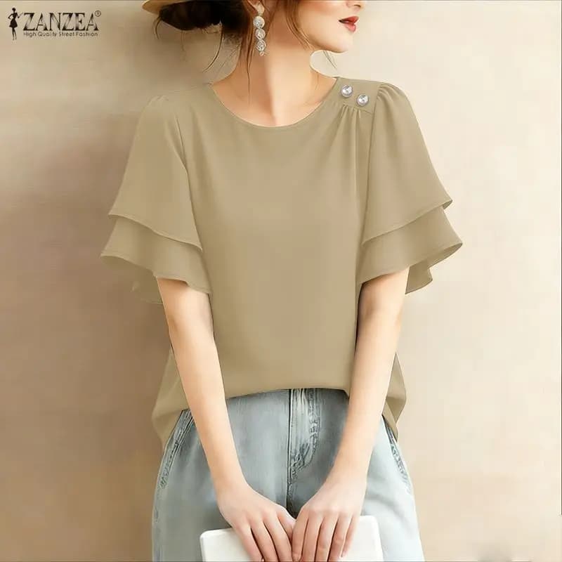 2026 ZANZEA Camicetta Estiva da Donna con Collo Tondo e Maniche Corte, Elegante e Alla Moda, Tinta Unita, Camicia da Lavoro OL, Top Casual per Vacanze, Tunica Femminile