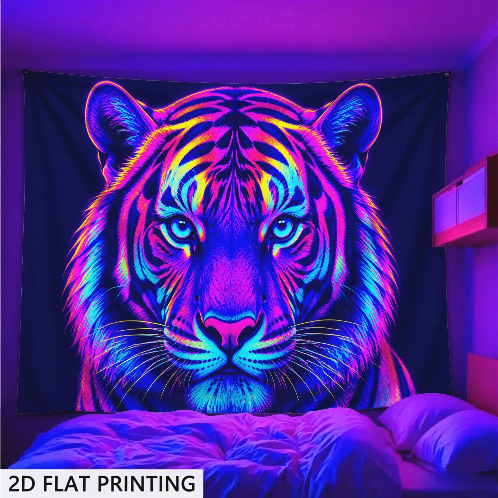 Electric Neon Tiger Wall Tapestry Jungle Art Polyester Print for Bedroom Living Room Home Decor Bohemian Psychedelic Aesthetic H