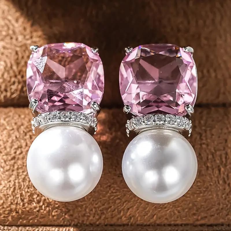 Orecchini pendenti da donna Huitan con perle finte, splendidi accessori per matrimoni e feste, con zirconi rosa brillanti intarsiati, gioielli alla moda da donna, idea regalo.