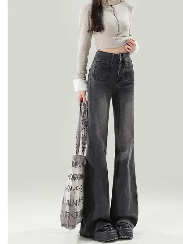 Jeans in denim a gamba larga da donna, taglie forti, per figura a Pera, senza leggings, vita alta, a zampa d'elefante, casual