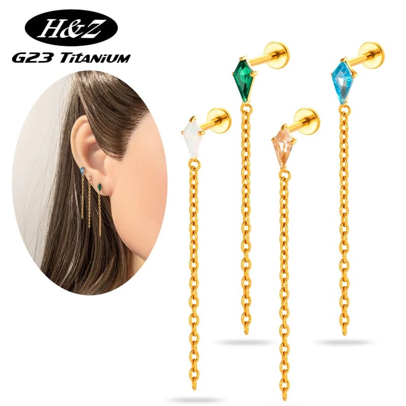 1 Pezzo Piercing in Titanio G23 Senza Filettatura, con Catena a Nappa CZ, a Inserimento a Pressione, per Orecchio, Labbro, Trago, Labret, Gioielli Gotici