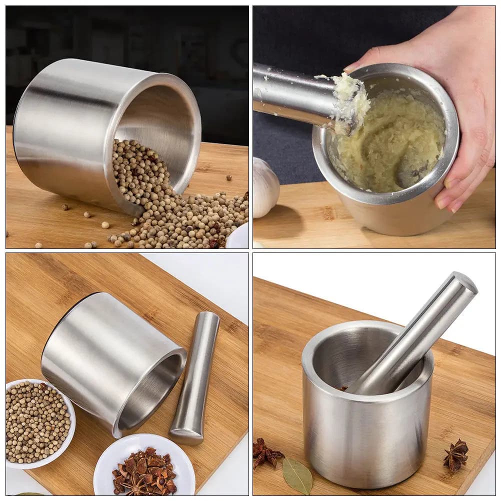 Set di 1 Mortaio e Pestello in Acciaio Inox, Trituratore d'Aglio, Ciotola per Macinare, Trituratore Manuale per Spezie, Utensile da Cucina