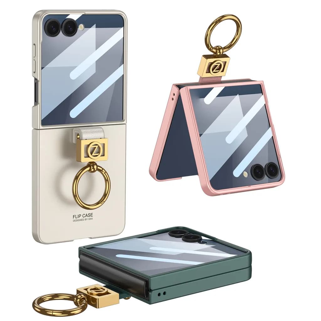Luxury PU Leather Phone Hard Case for Samsung Galaxy Z Flip 7 6 Flip7 Flip6 Shock Cover with Small Screen Ring Holder