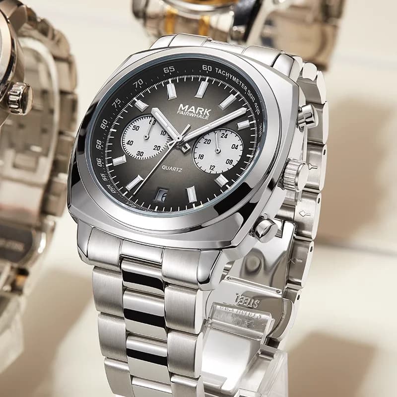 Mark Fairwhale 5900 New Men's Watch Stainless Steel Square Dial Chronograph business quartz watch waterproof Relógios Masculino