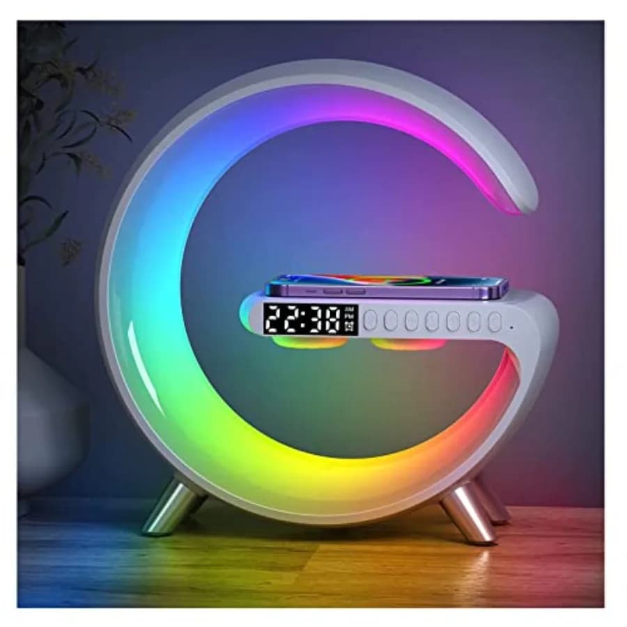 Lampada da Tavolo LED Intelligente, Caricatore Wireless 4-in-1, Luce Notturna, Sveglia e Altoparlante Bluetooth con Controllo App per Camera da Letto, Ufficio