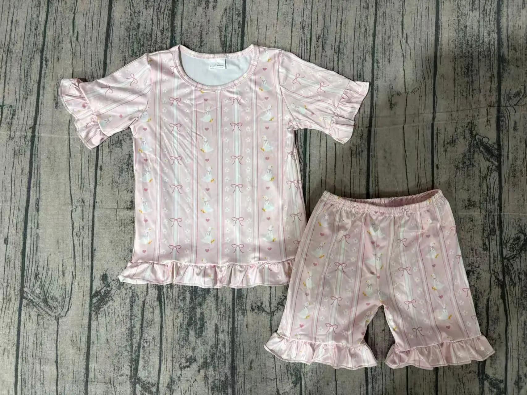 Wholesale Baby Girl Short Sleeves Gooses Shirts Shorts Sets Kids Bows Flower Pajamas Children Toddler Summer Outfits Clothes