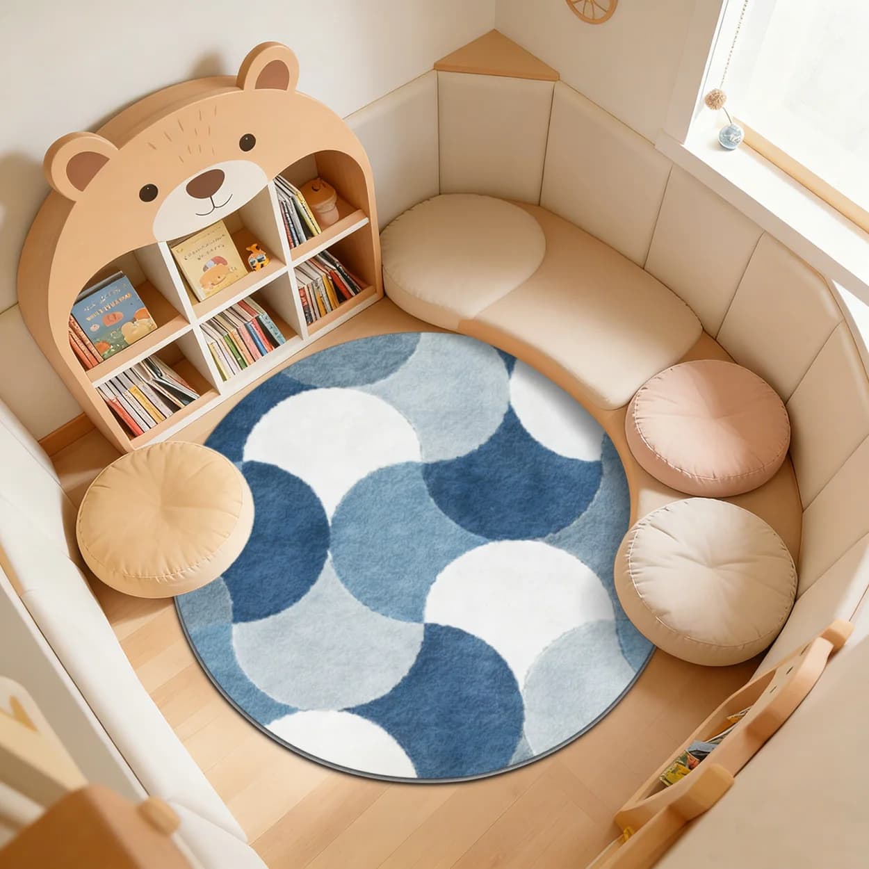 Tappeto Rotondo per Bambini con Motivo Geometrico Blu, Tappetino per Stanza dei Giochi e Asilo Nido, Stile Boho Moderno, Morbido Tappeto per Neonati