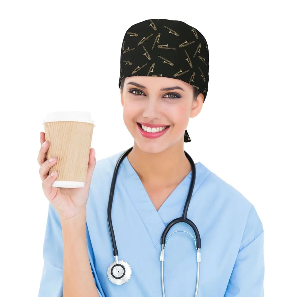 Trombone On Black Scrub Hat Doctor Working Surgical Cap Unisex Adjustable Nursing Caps for Dentist