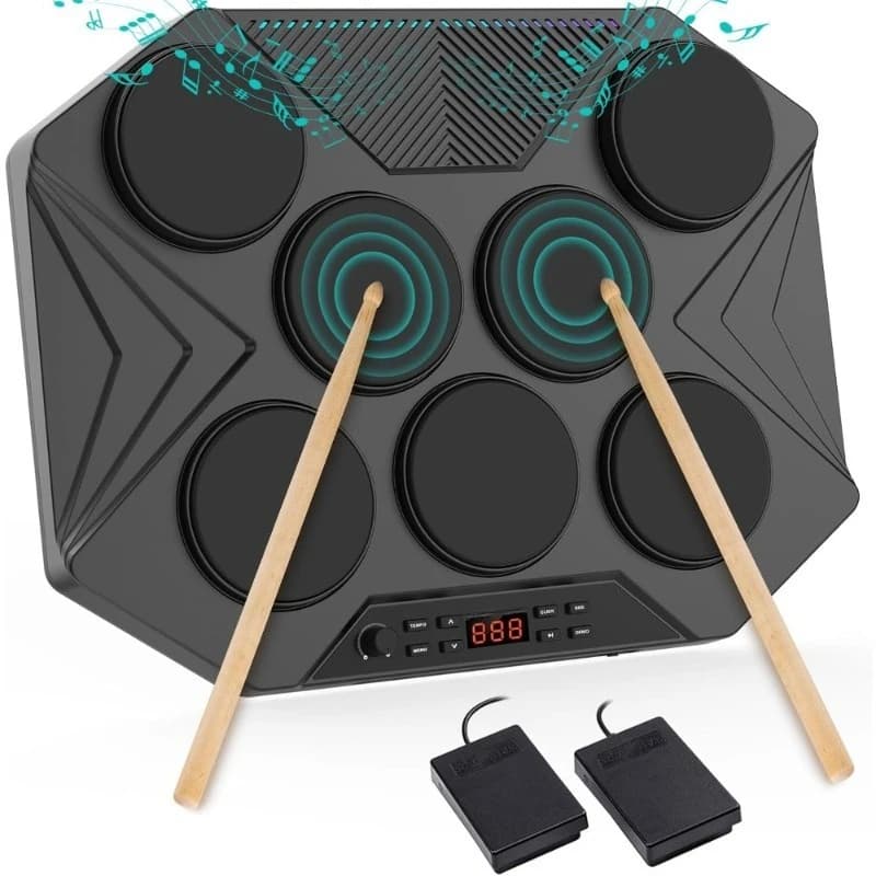 Batteria Elettronica da Tavolo Portatile, Kit di Percussioni Digitali con 7 Pad, Luci LED e USB MIDI