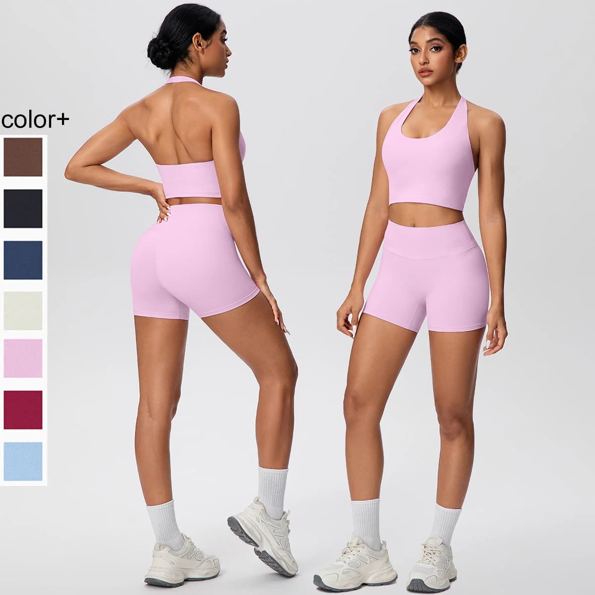 2picese Donna Tuta da yoga Tinta unita Vita alta Hip Push Up Pantaloncini fitness Sexy Pilates Backless Gym Appeso al collo Reggiseno Yoga Set