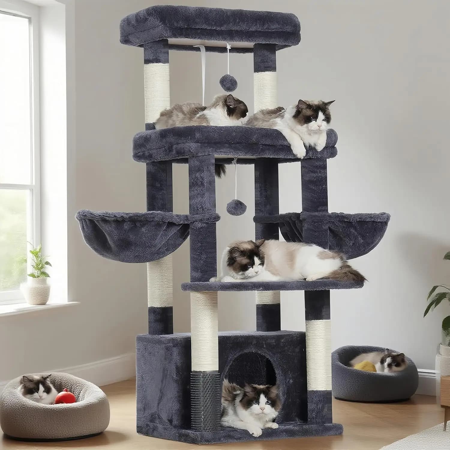 Torre per Gatti Extra Large con Tiragraffi, 2 Amache, Spazzola per Auto-Pulizia per Gatti da Interno, 130 cm, Grigio Fumo