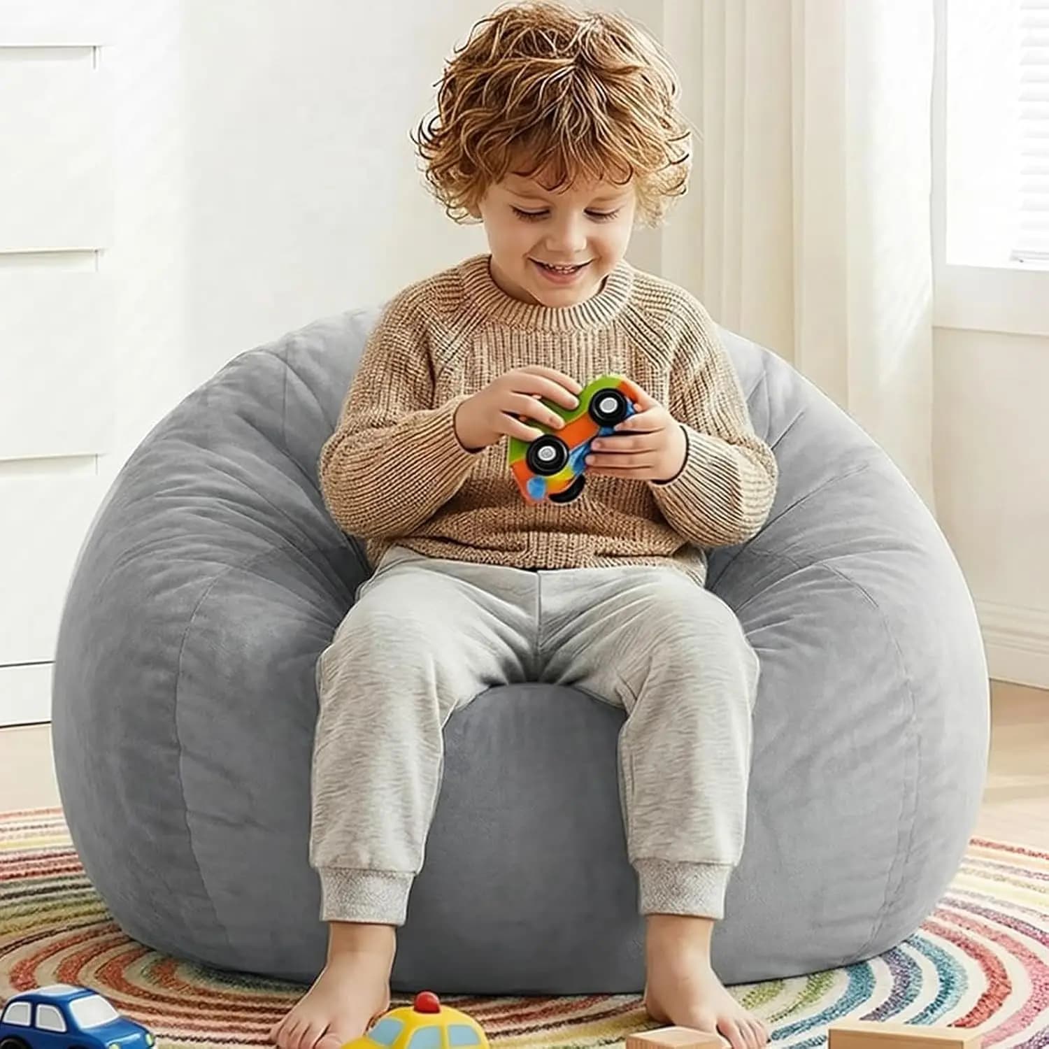 Copertura per Poltrona Sacco in Morbido Velluto per Bambini, Contenitore per Peluche, Lavabile in Lavatrice, Grigio Scuro