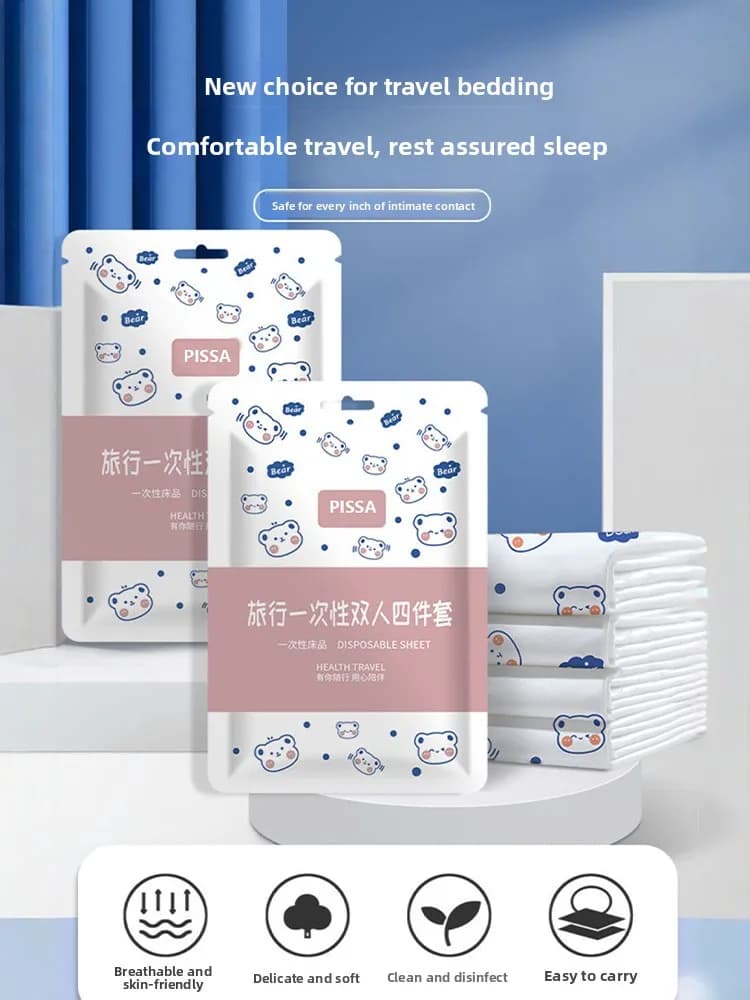 Set of disposable bed linen for hotels, thick bed linen for double bed, pillowcase and duvet, portable and practical for travel and tourism