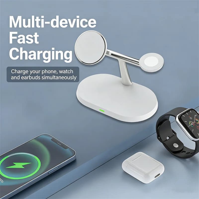 Caricatore Wireless Magnetico 3 in 1 per Magsafe iPhone 16/15/14/13/12, Apple Watch 8/7 e Airpods Pro, Stazione di Ricarica Rapida