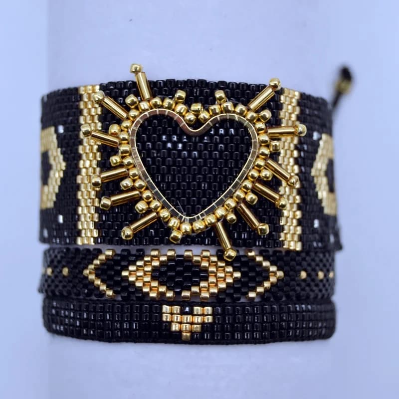 Bracciale con perline di riso Nero Semplice Cuore Lavorato a mano Freccia Geometria Design Boemia Set di braccialetti con perline alla moda regolabili
