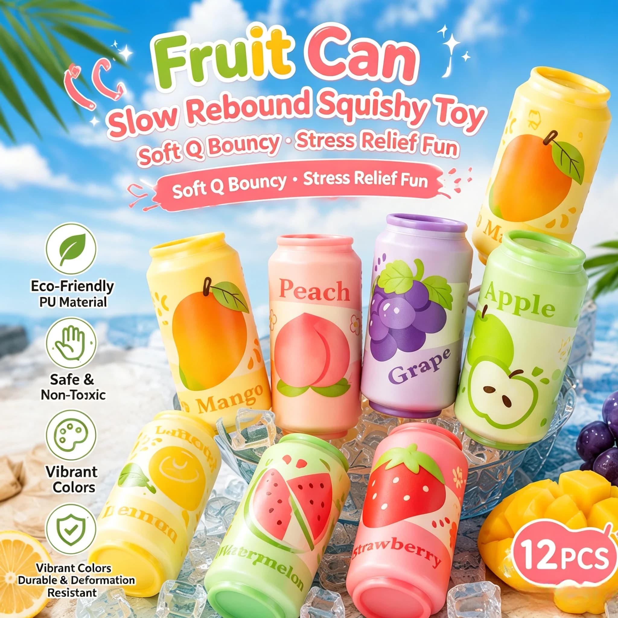 Fruit Can Squishy Toy Slow Rising Squeeze Fidget Toy Soft PU Stress Relief Toy Cute Fruit Cans Decompression Toy for Kids Gift