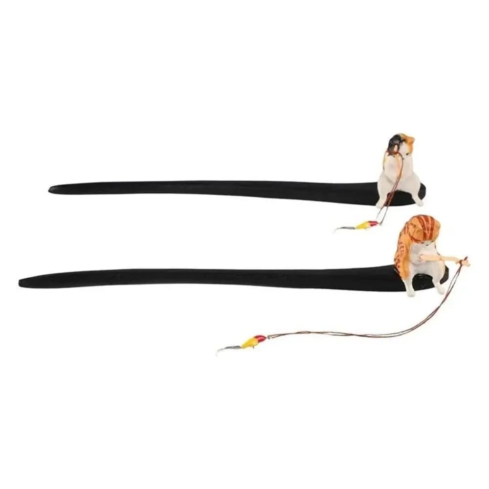 Retro Cat Fishing Wooden Hair Stick Tassel Black Sandalwood Hair Fork Chinese Style Hanfu Accessories Hair Styling Tools