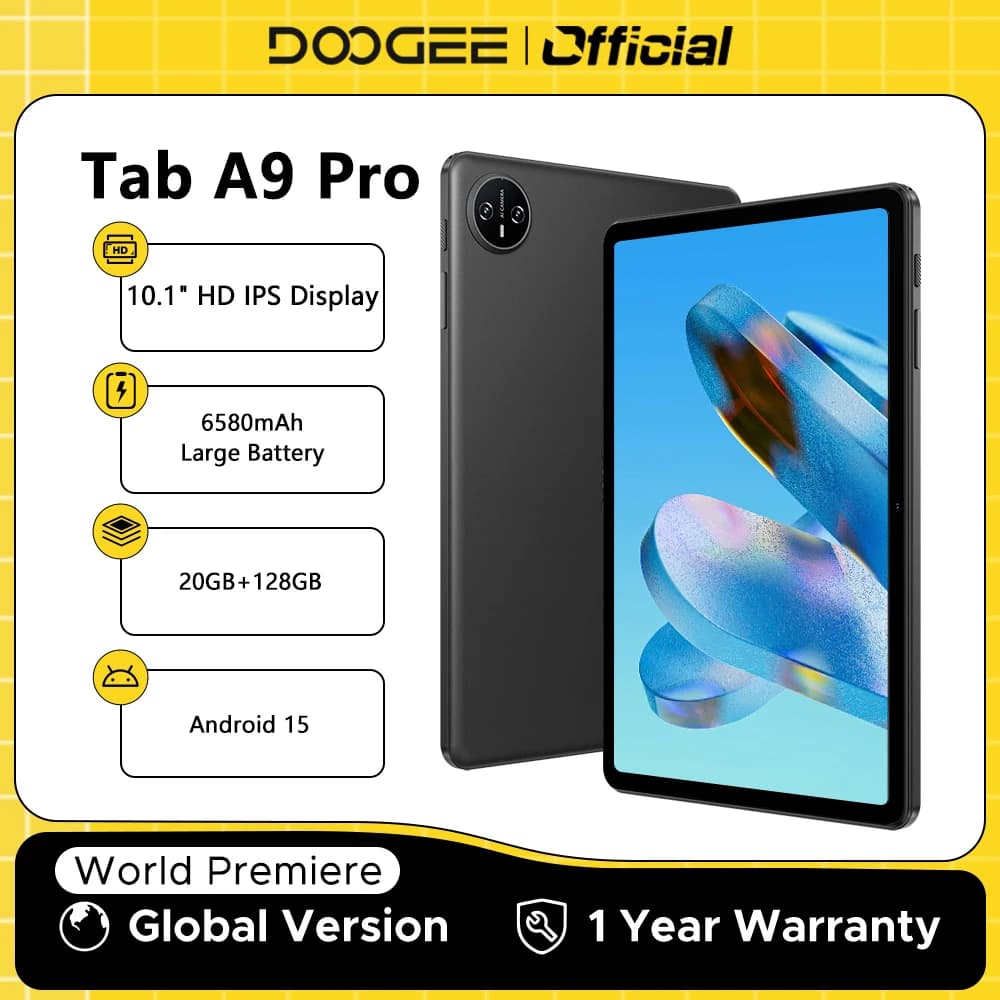 DOOGEE Tab A9 Pro Tablet Display HD 10.1" Android 15 20GB RAM 128GB ROM 6580mAh Large battery Dual speakers 8MP + 5MP PC Pad
