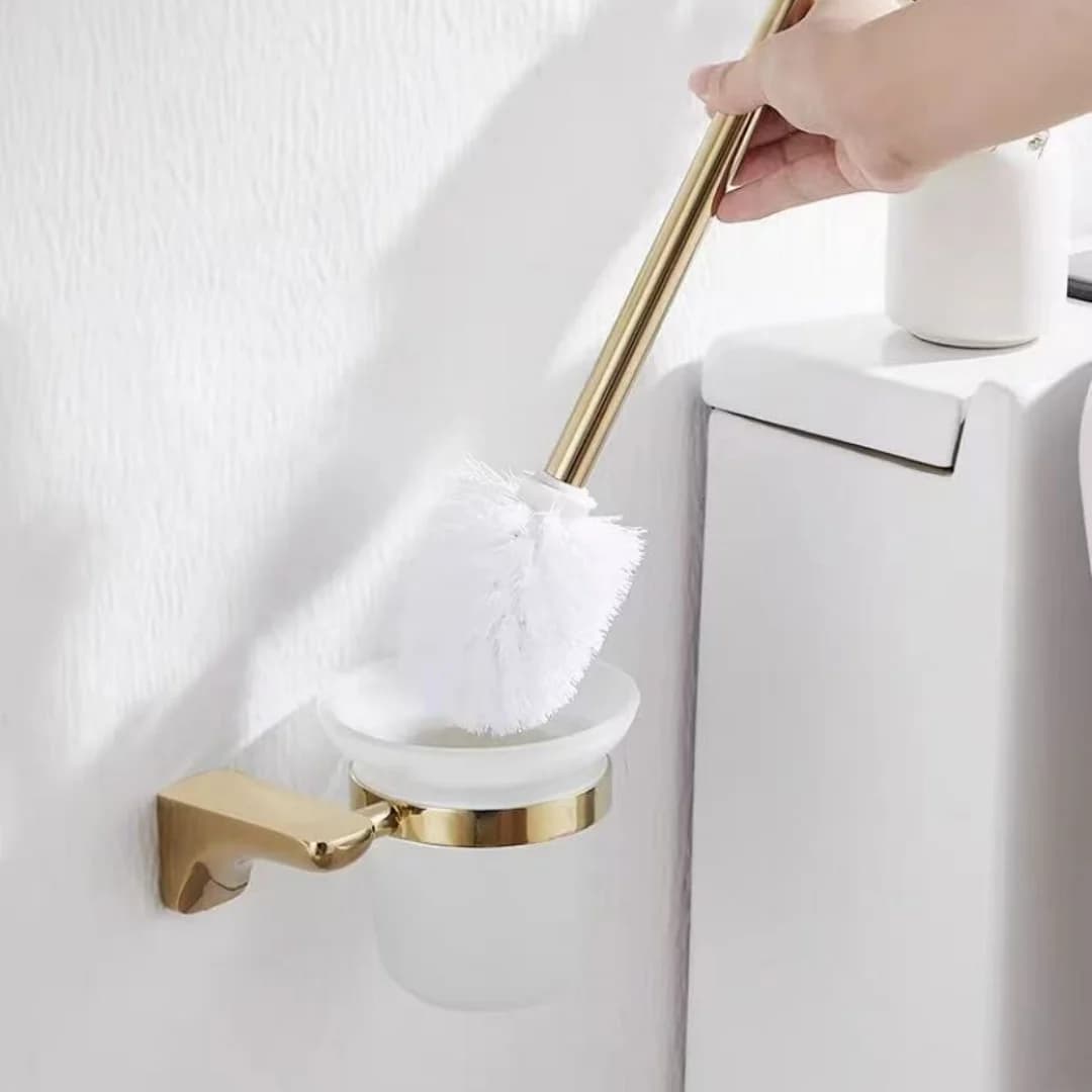 Porta scopino per WC in ottone dorato con spazzola Set portaspazzole per pulizia per bagno cromato montato a parete