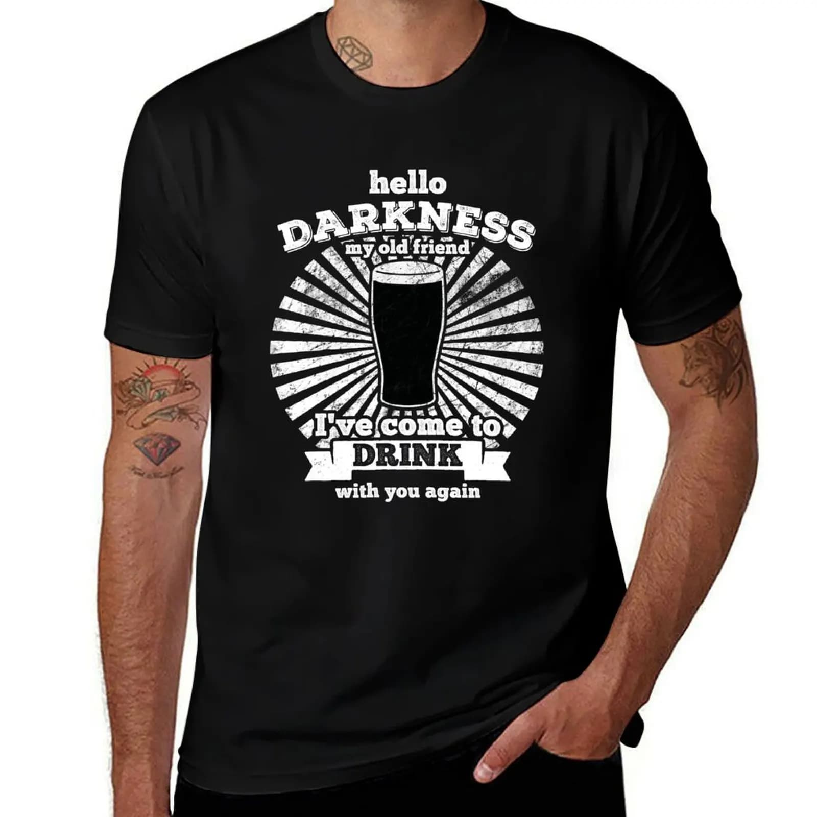 Hello Darkness My Old Friend T-shirt for Irish beer lovers, simple basic short sleeve shirt with round neckline