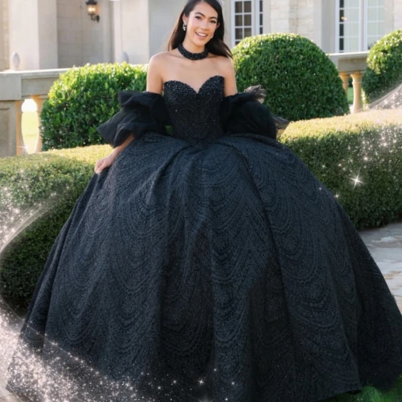 Abiti Quinceanera neri lucidi con spalle scoperte Applique in pizzo con perline Tull di cristallo Festa di compleanno Abito dolce 16 Abiti 15 De