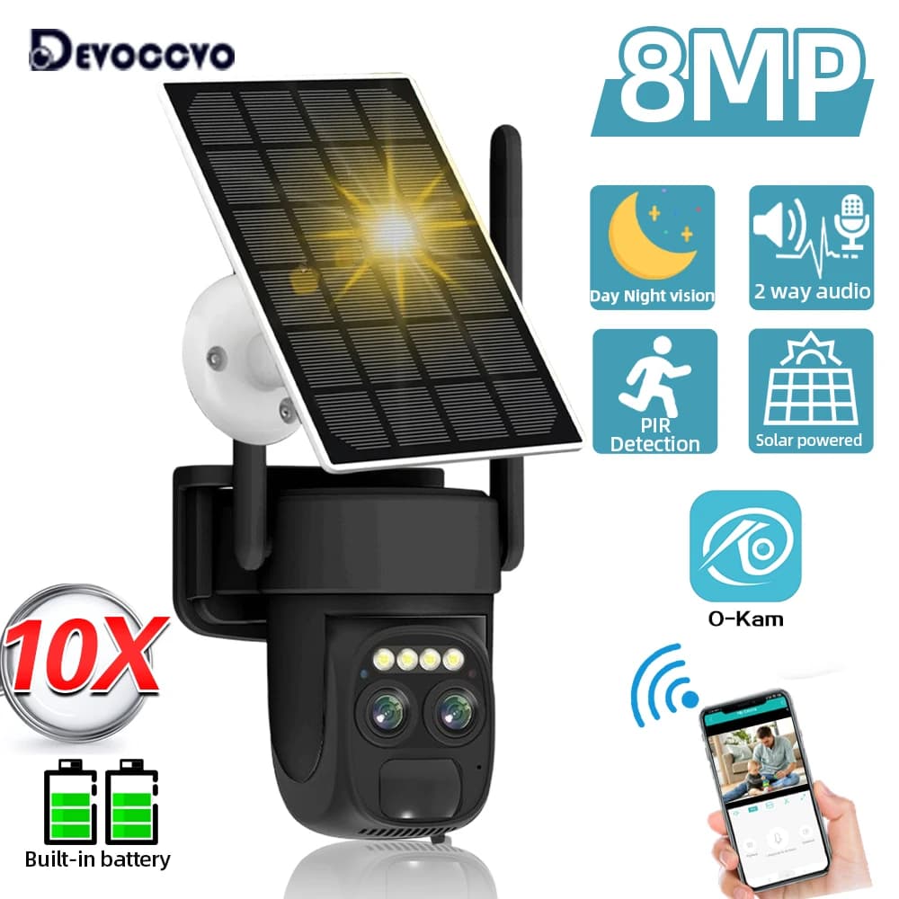 Telecamera Solare WiFi 4K 8MP a Doppia Lente con Zoom 10X, Rilevamento Umano, Alimentazione a Batteria, per Esterni, Wireless, Sicurezza CCTV