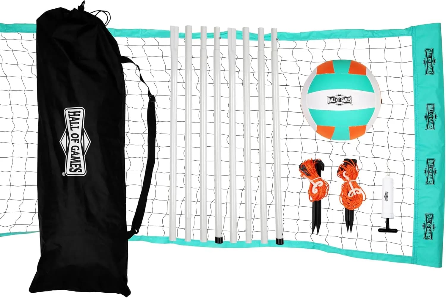 Adjustable outdoor volleyball net set with steel poles, carrying bag, official size ball for parties and beach fun