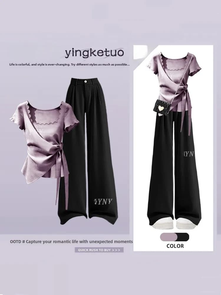 Slimming plus Size T-Shirt Wide Leg Pants Belted Set Elegant Summer Fashion Outfit Small Stature Women High Waist Pants