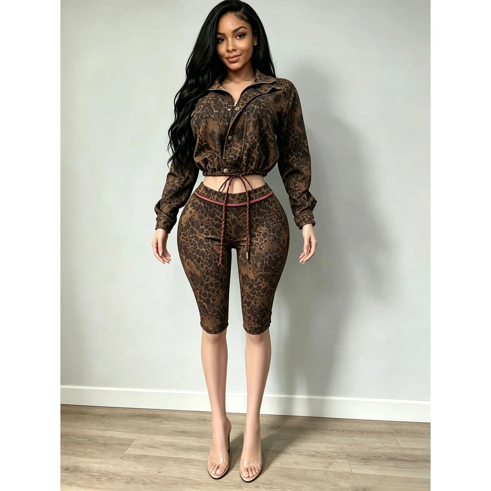 Leopard Jackets Tops 2 Piece Pant Set Outfits Y2K Streetwear 2026 Winter Fall Women Elegant Club Crop Coat Tops Two Piece Sets