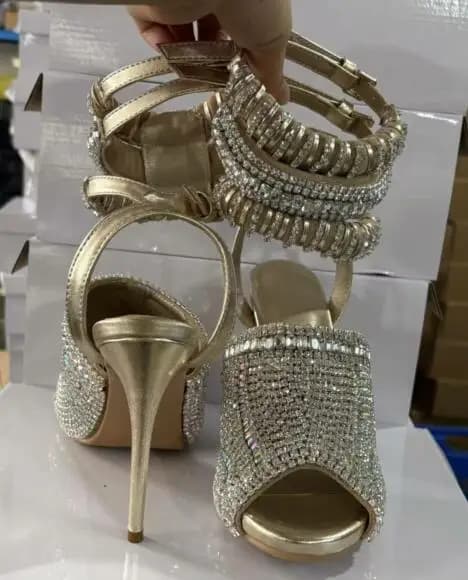 Bling Silver Rhinestone Embellished Peep Toe Sandals Women Stiletto High Heel Ankle Strap Party Wedding Dress Heels Sandals Lady