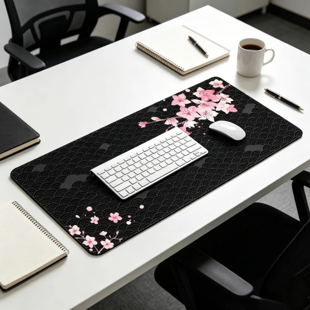 Sakura Cherry Blossom Desk Mat Black Wave Texture Gaming Mouse Pad Non-slip Rubber Keyboard Mat Stitched Edge Table Pad