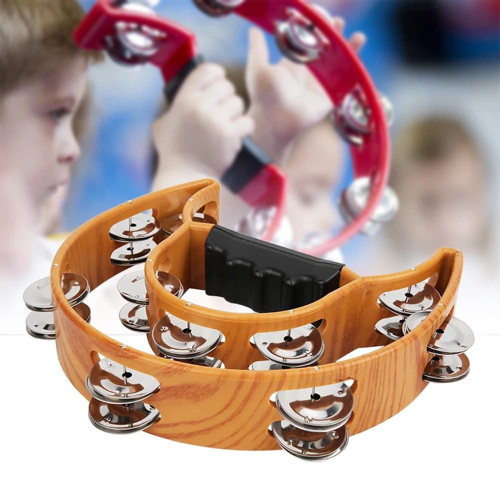 Tamburello doppio in plastica Jingles in metallo Tamburo a campana a forma di mezzaluna per performance karaoke Party Dance stile libero portatile