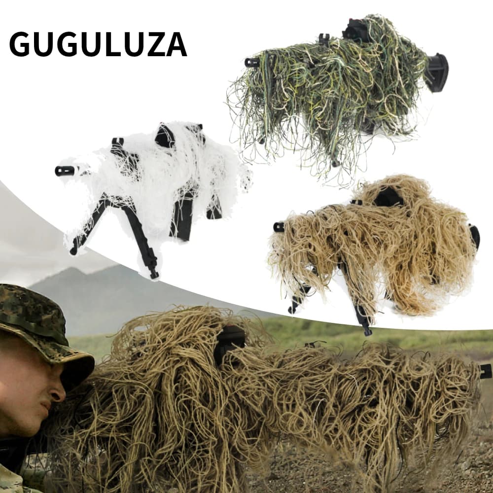 GUGULUZA 3D Rifle Sniper Ghillie Cover for Hunting Ghillie Suit Woodland-Desert Green Gun Wrap for Paintball Airsoft Accessories