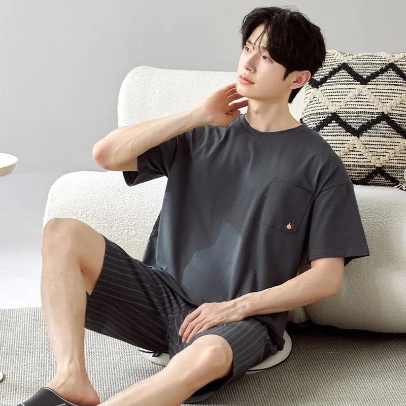New Ins coreano semplice pigiama solido uomo giovane ragazzo manica corta Pullover Casual Home Wear cotone Pjs indumenti da notte traspiranti Homme