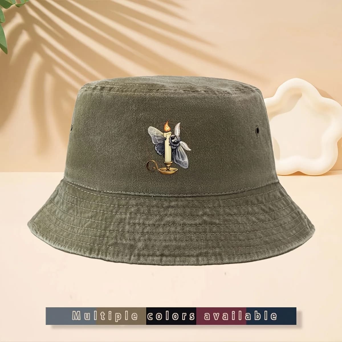 Fisherman Hat with Moth Around Candle Print, American Dark Retro High Street Style Fishing Cap, Easy Clean Comfortable Breathabl